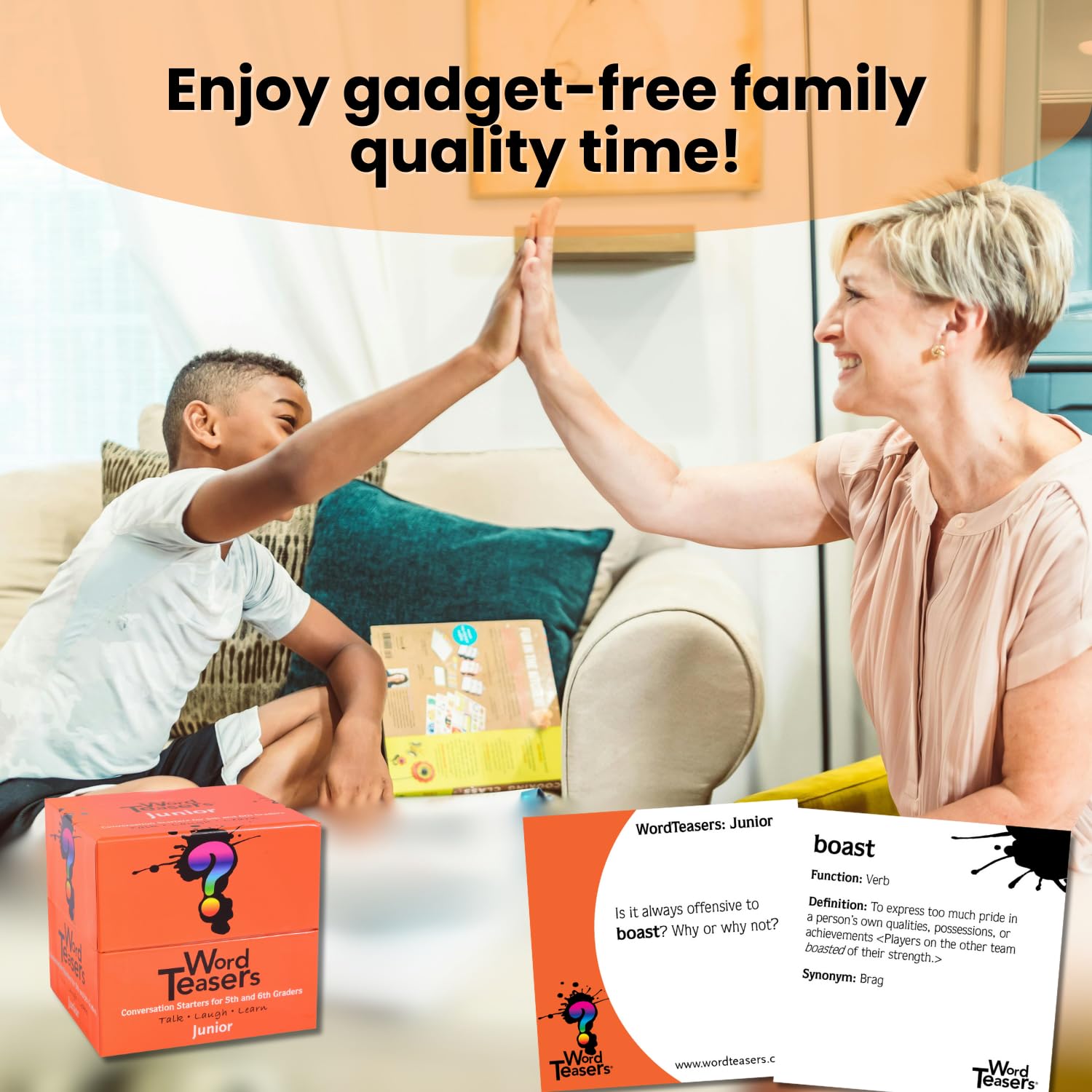 Word Teasers Junior flash cards gift-ready set, a thoughtful learning gift for families.