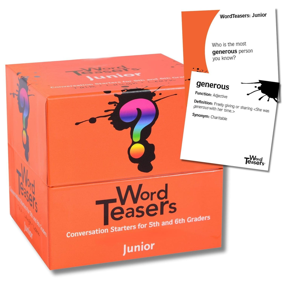 Word Teasers Junior flash cards pack front, vibrant prompts to boost vocabulary learning at home.