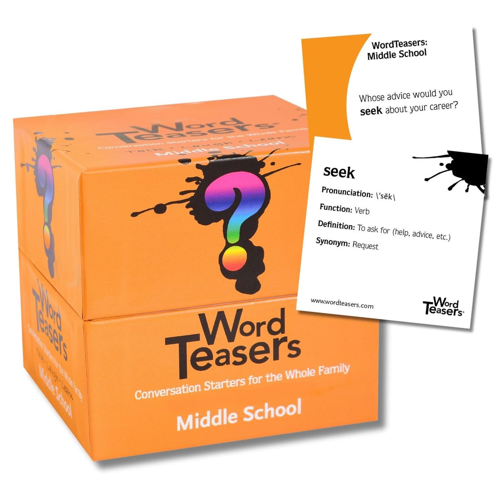 Word Teasers middle-school cards pack front for quick vocabulary practice anywhere.
