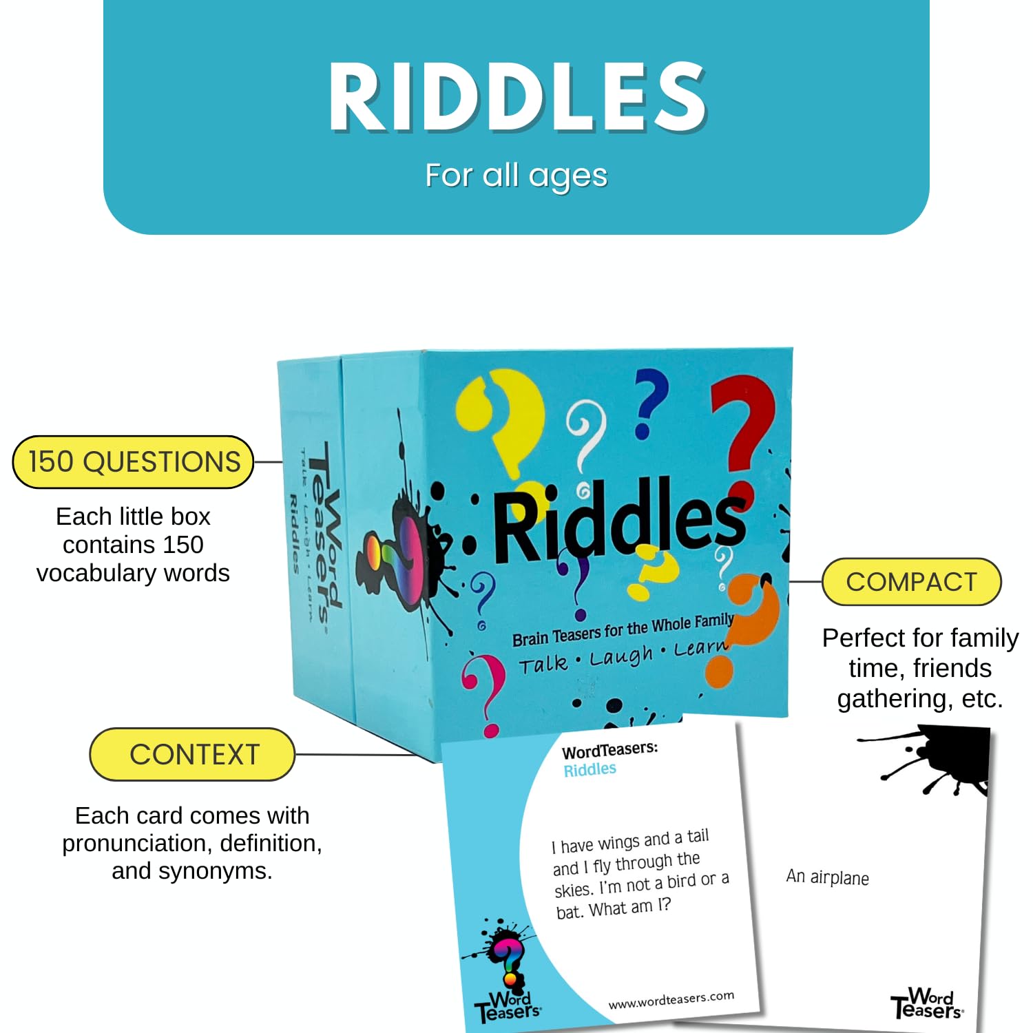 Word Teasers Riddles family-play scene encourages friends solving together.