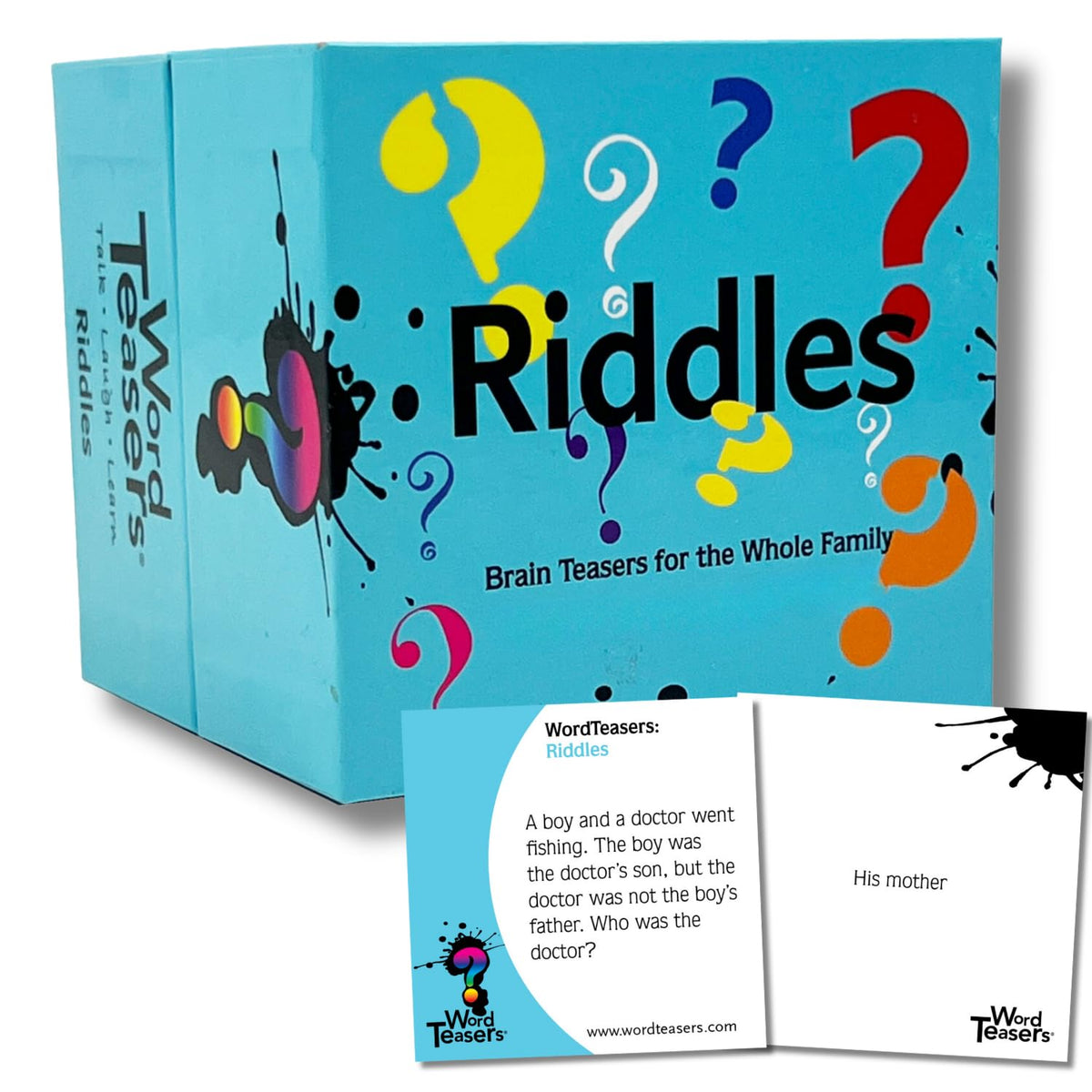 Word Teasers Riddles front card shows a playful brain teaser for family game night.