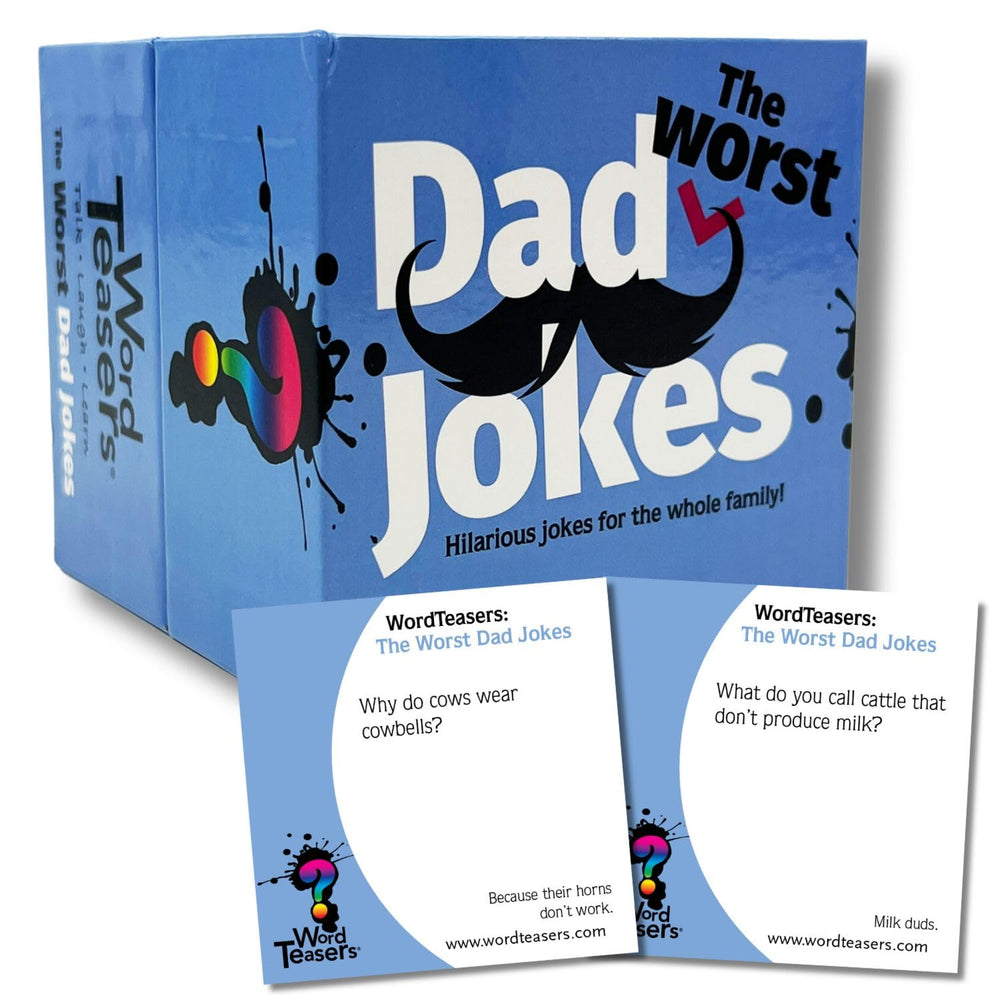 Word Teasers Worst Dad Jokes 2nd Edition cards on table for family fun
