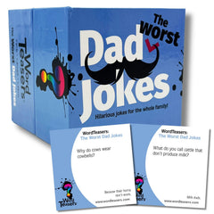 Word Teasers Worst Dad Jokes 2nd Edition cards on table for family fun