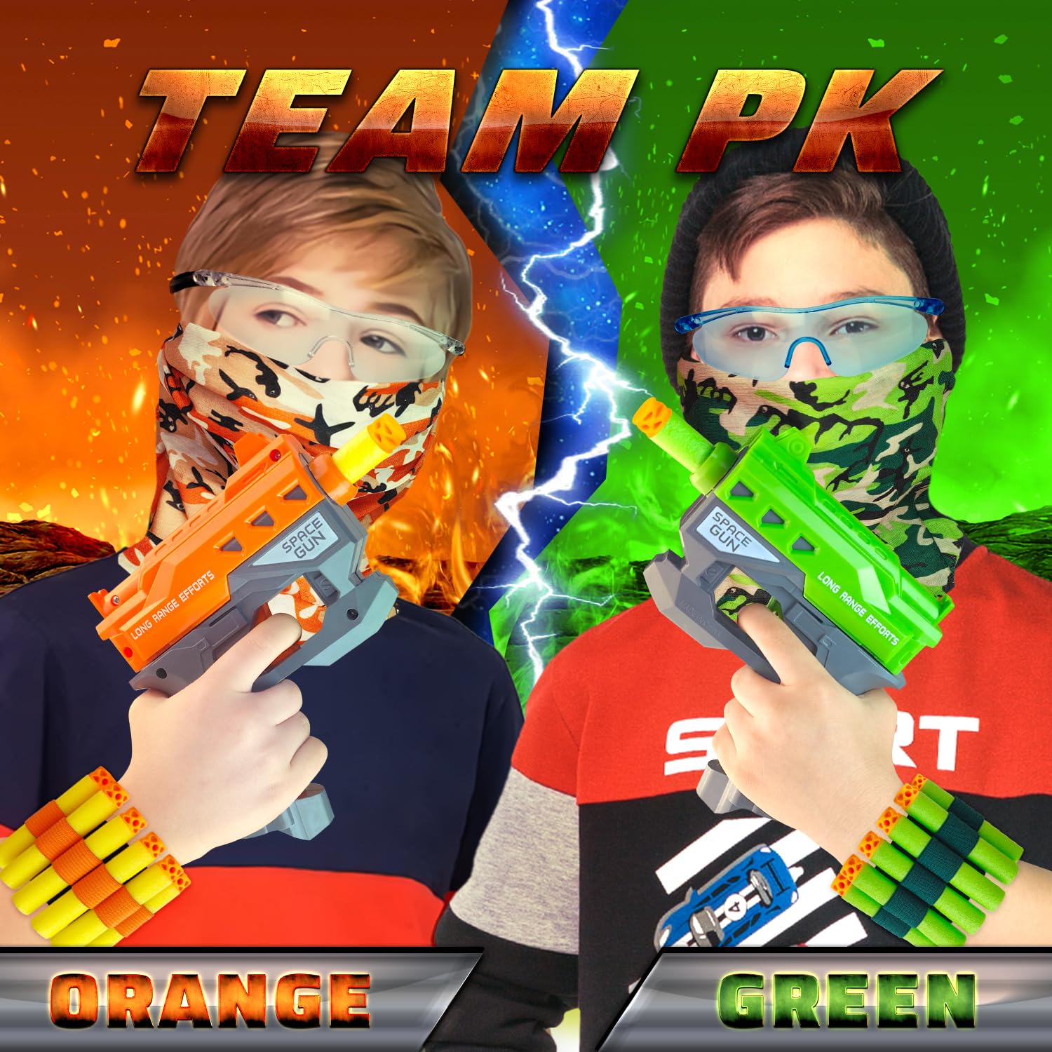 Wordot green and orange blaster sets promote team-based play.