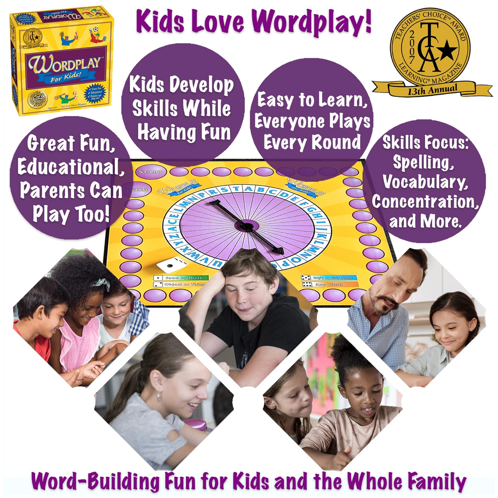 Wordplay for Kids dice category close-up features a ticking timer for exciting rounds.