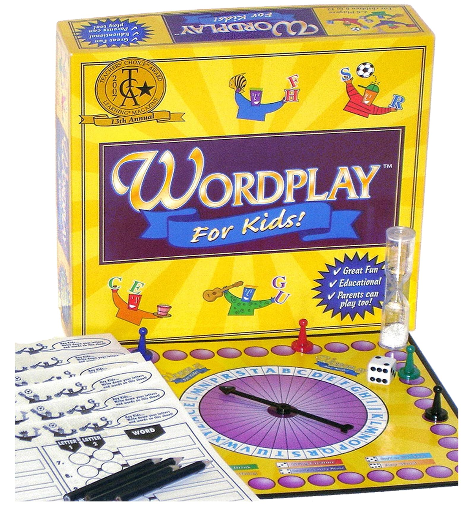Wordplay for Kids wheel spin highlights quick category reveals for rapid word challenges.