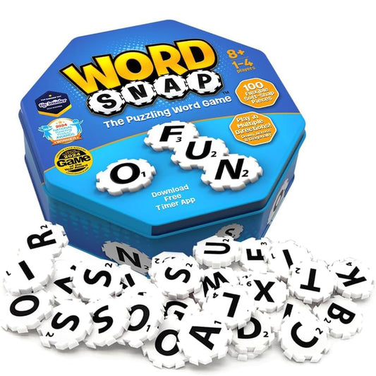 WordSnap travel tin with compact tiles for on-the-go word building.