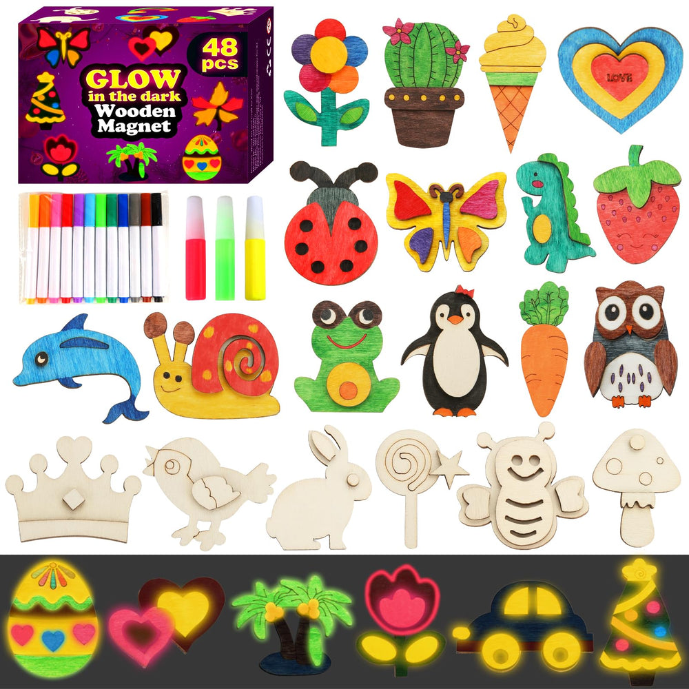 Worgree 48-piece wooden magnets kit contents for kids' creative projects