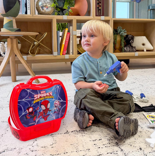 World Tech Toys Spidey tools drawer, promoting organization and pretend-building skills.