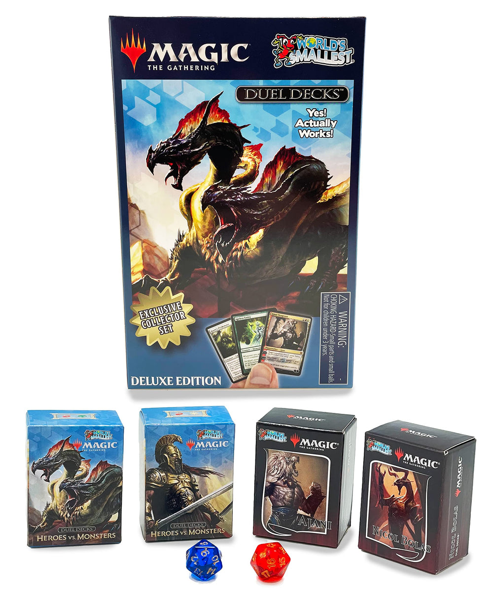 World's Smallest MTG Heroes vs Monsters duel display highlighting compact game action