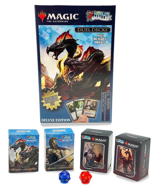 World's Smallest MTG Heroes vs Monsters duel display highlighting compact game action