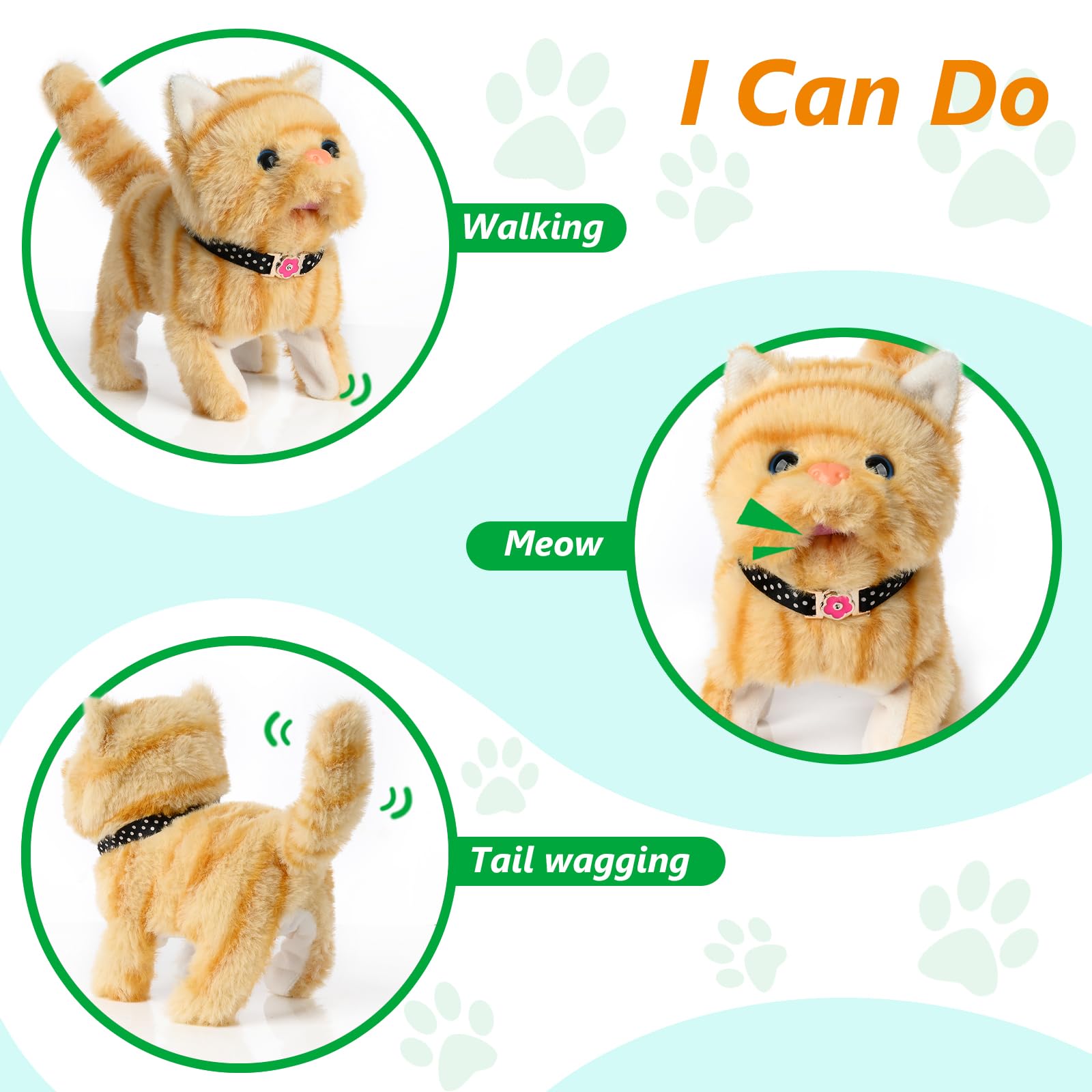 WorWoder plush cat meow action demonstrates responsive sound for imaginative play.