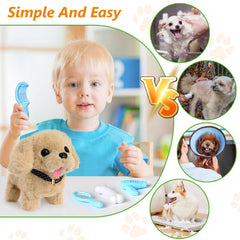 WorWoder puppy stretching action during imaginative play.