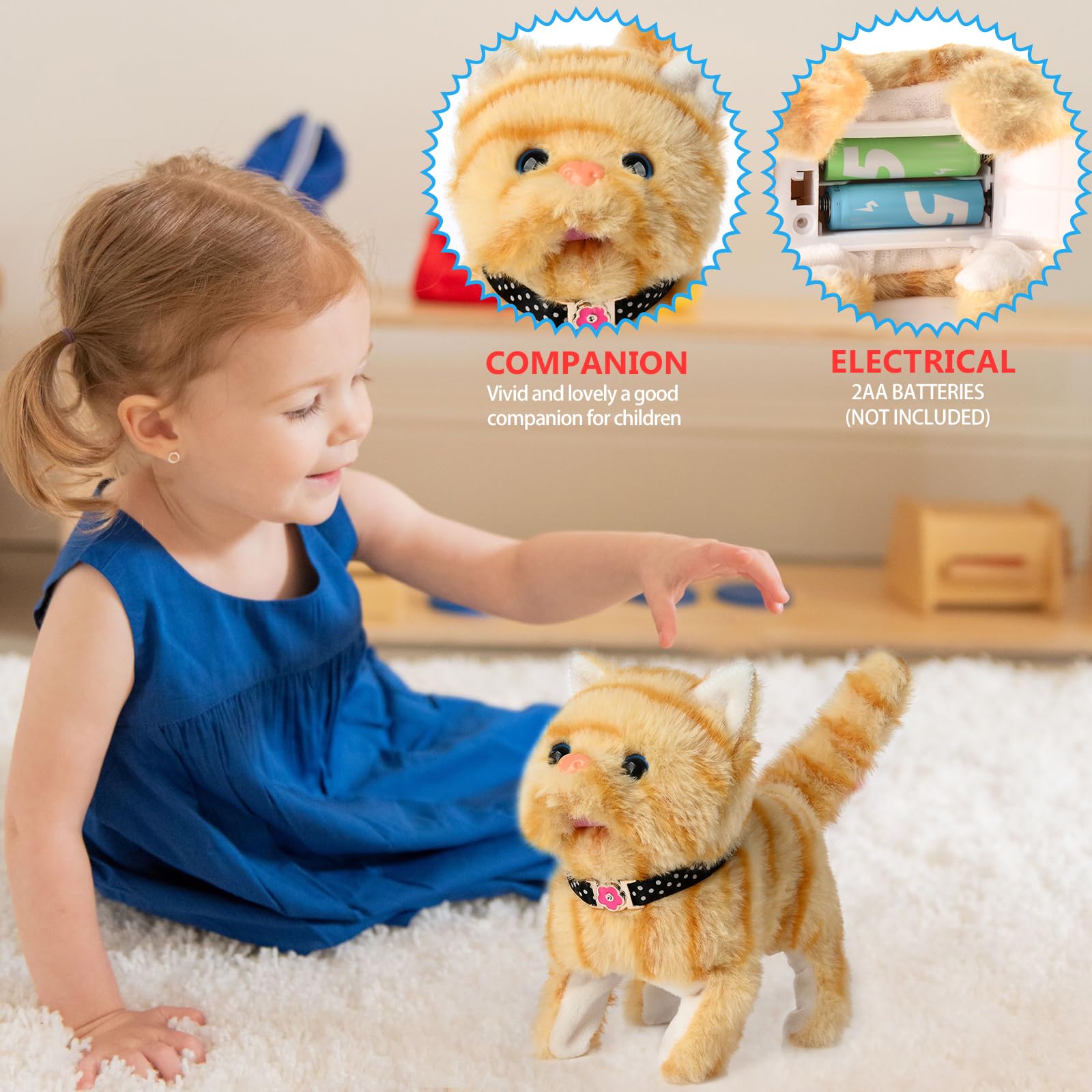WorWoder plush cat tail wagging mid motion for lifelike interaction with children.