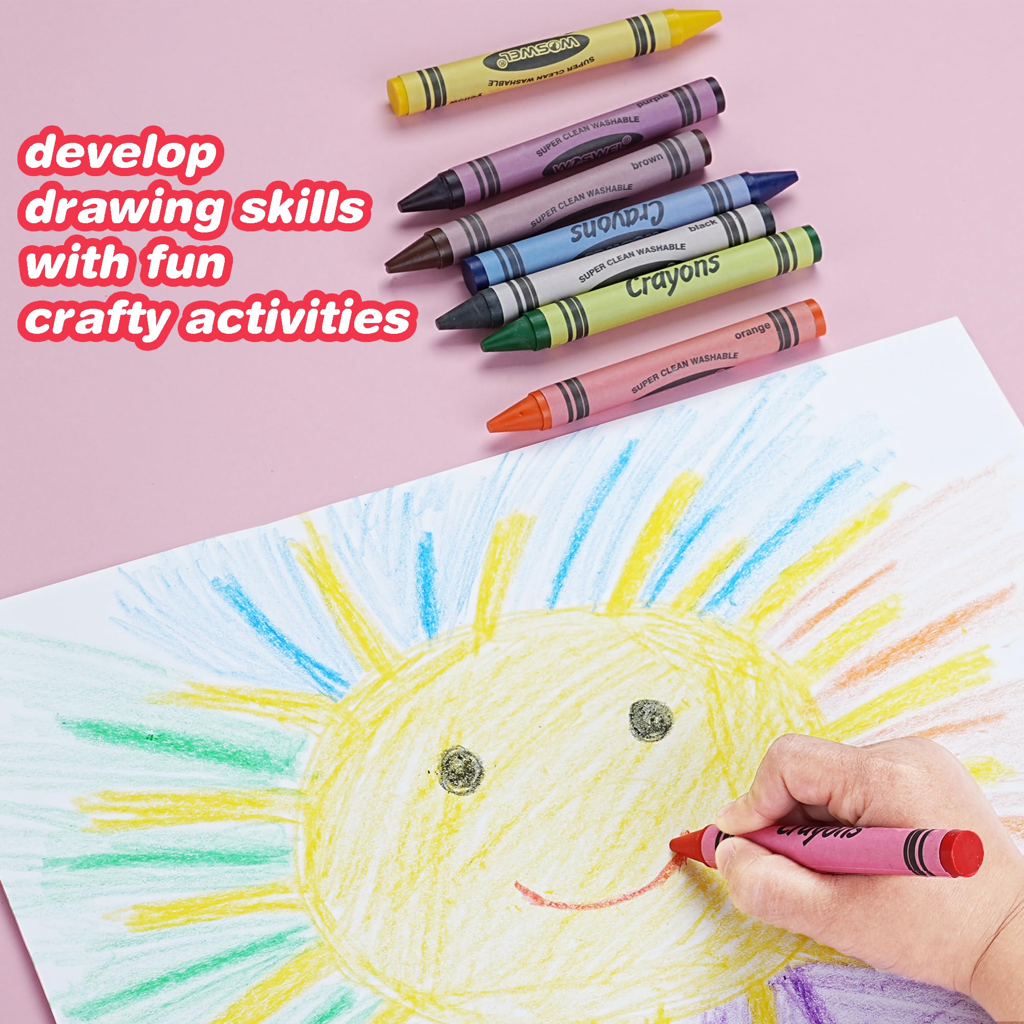 WOSWEL crayons shown with coloring books encourage learning through art