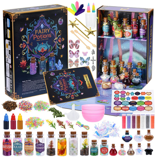 Wothfav Fairy Magic Potion Kit box opening with colorful bottles for imaginative play.