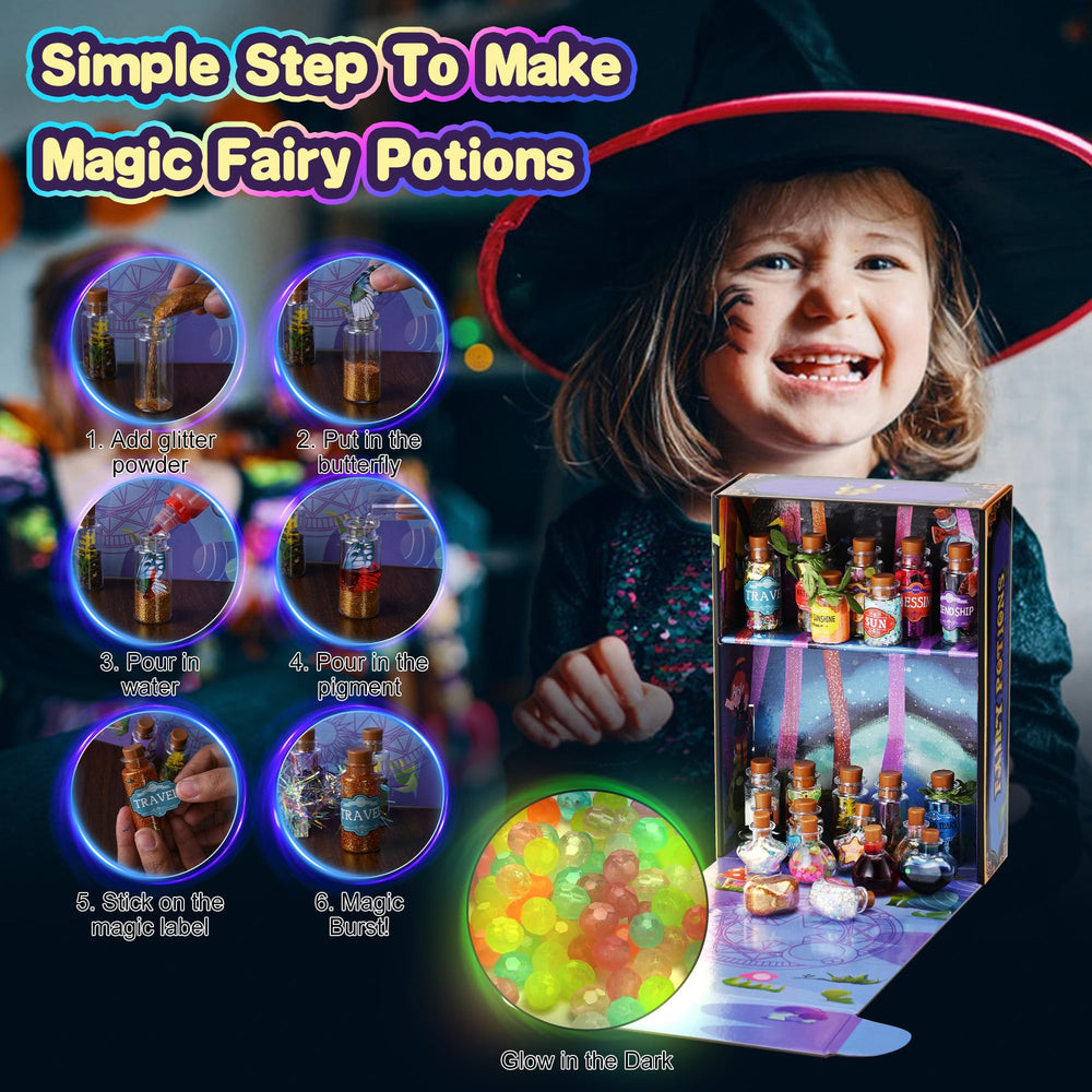 Wothfav glitter and crystals enhance the appearance of each potion.