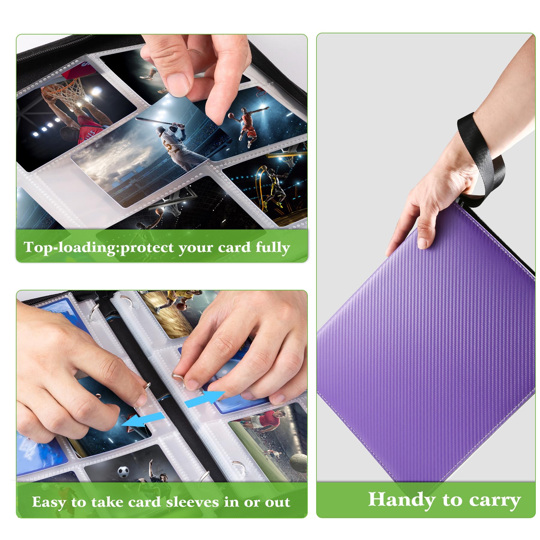 Open interior shows ultra-clear sleeves compatible with standard trading cards