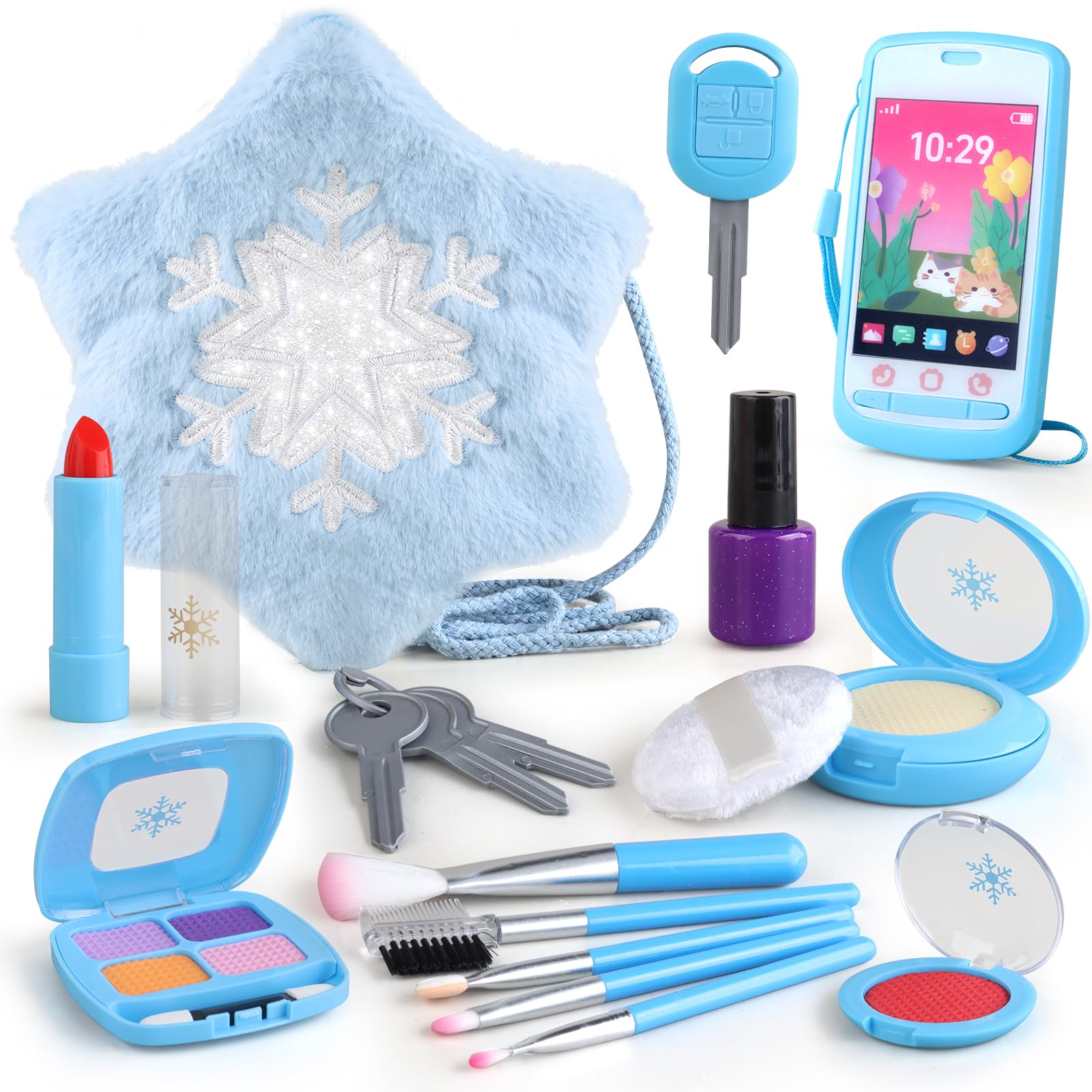 Woumserta blue toddler purse with pretend makeup for imaginative, mess-free play on the go.