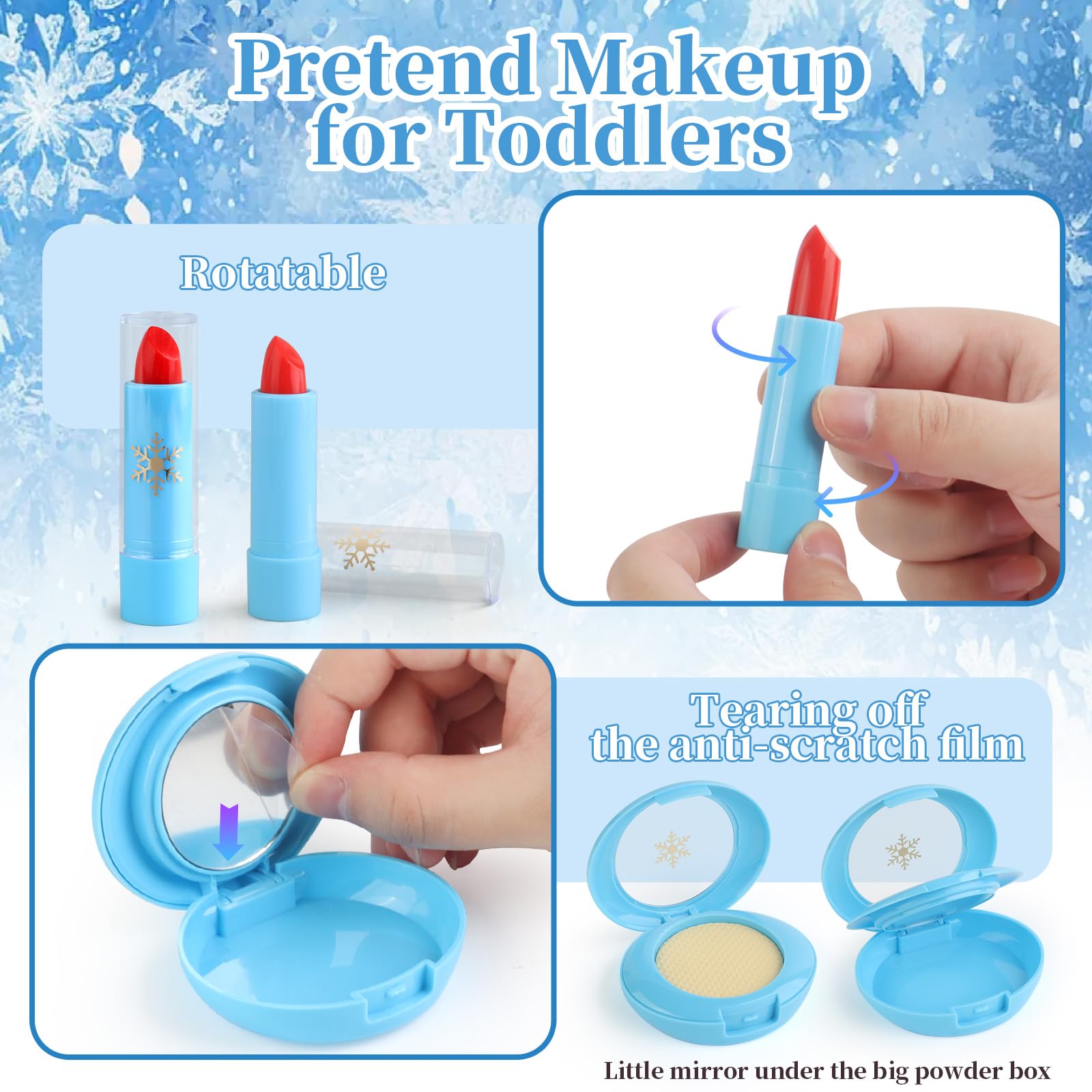 Woumserta makeup brushes, blush, and powder puff for gentle, age-appropriate pretend beauty.