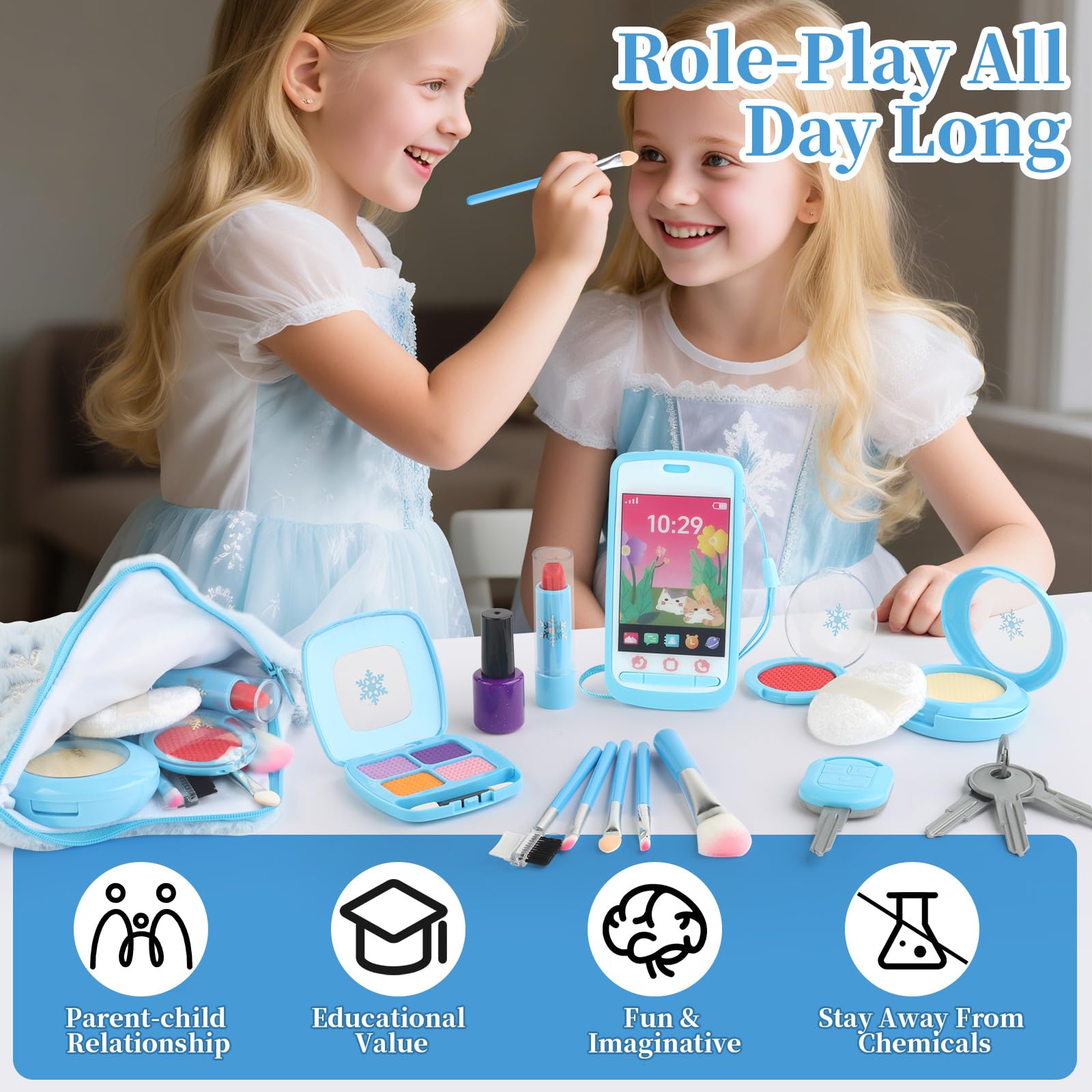 Woumserta pretend makeup set shown for outdoor play, compact for on-the-go fun.