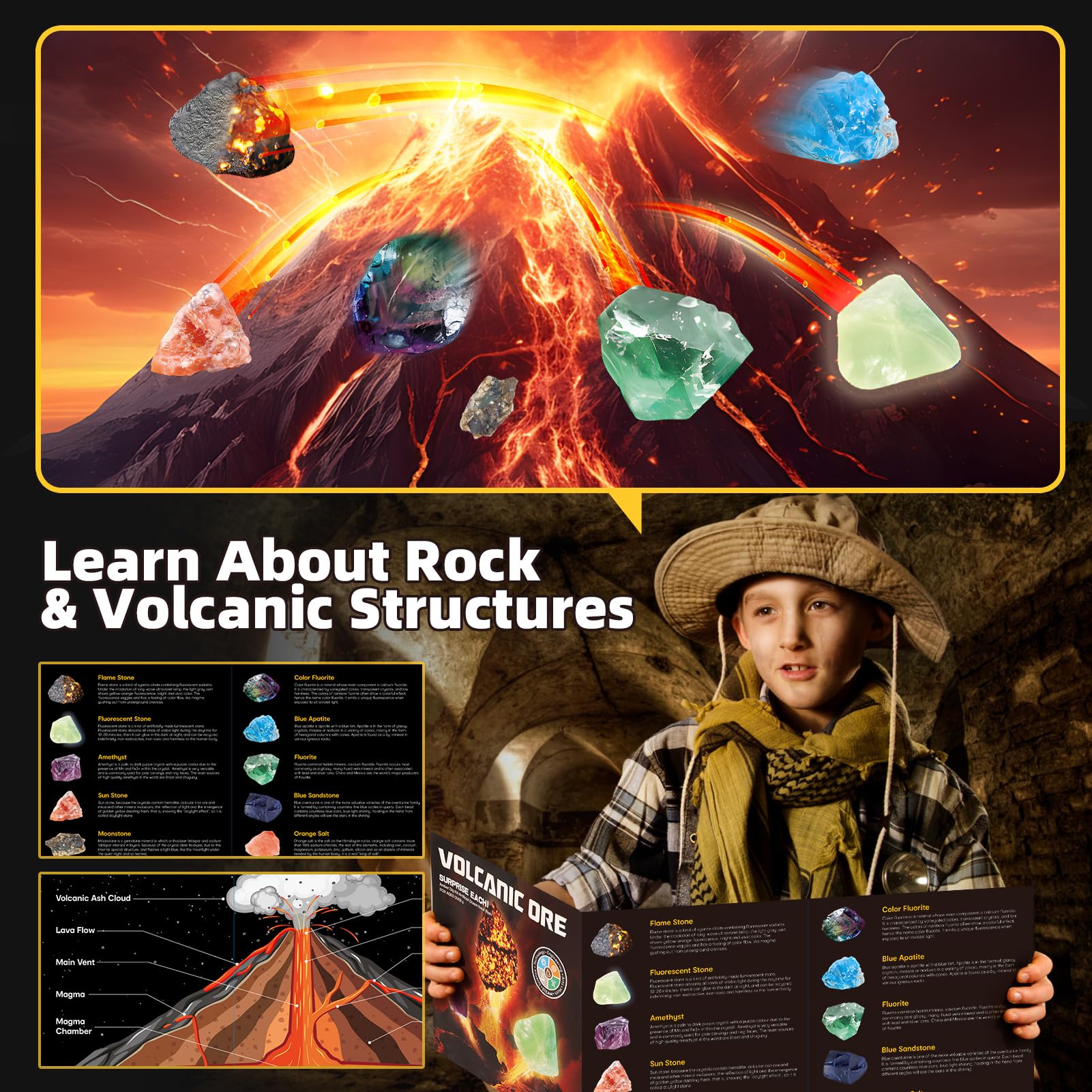 Woumserta Volcano Dig Kit glowing rock adds night-time wonder.