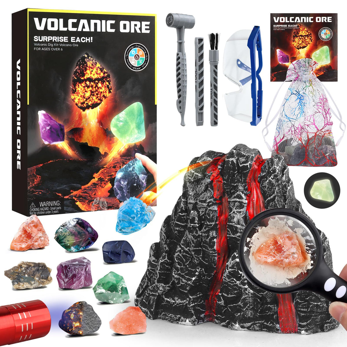 Woumserta Volcano Dig Kit setup with tools for kids’ excavation fun.