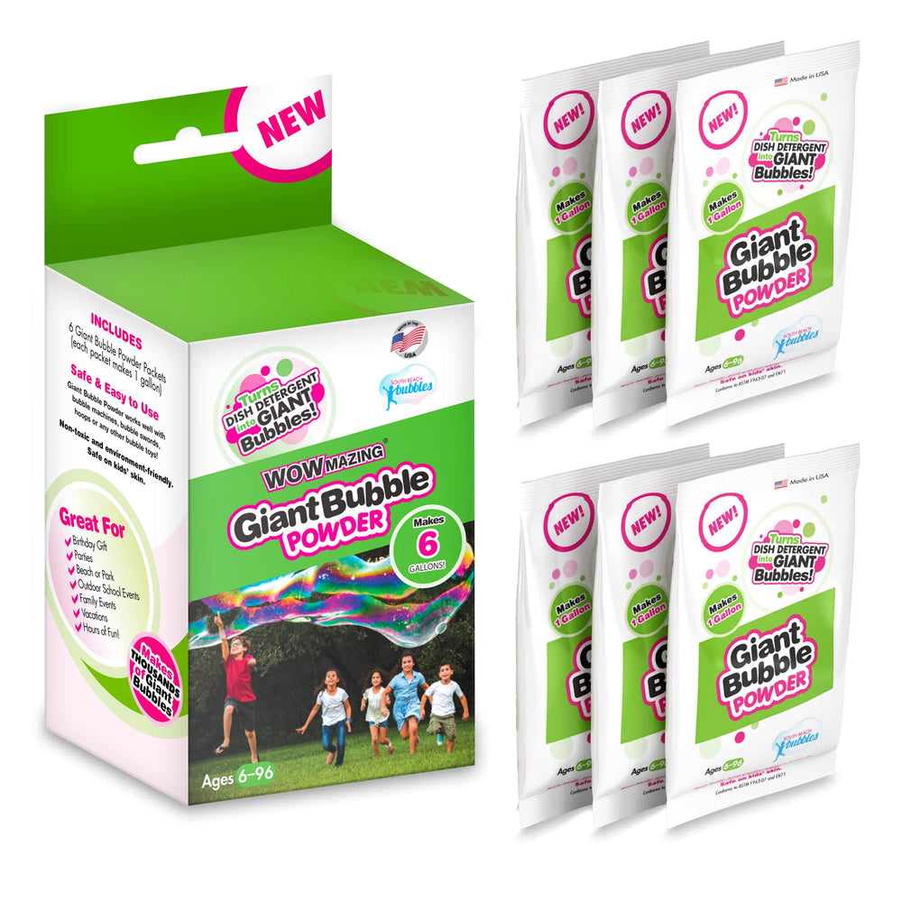 WOWMAZING bubble powder packets ready to create giant outdoor bubbles.