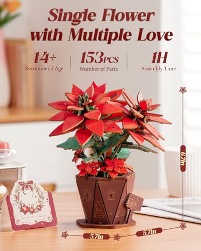 Wowood 3D poinsettia kit, smooth-edged wooden pieces for mindful crafting