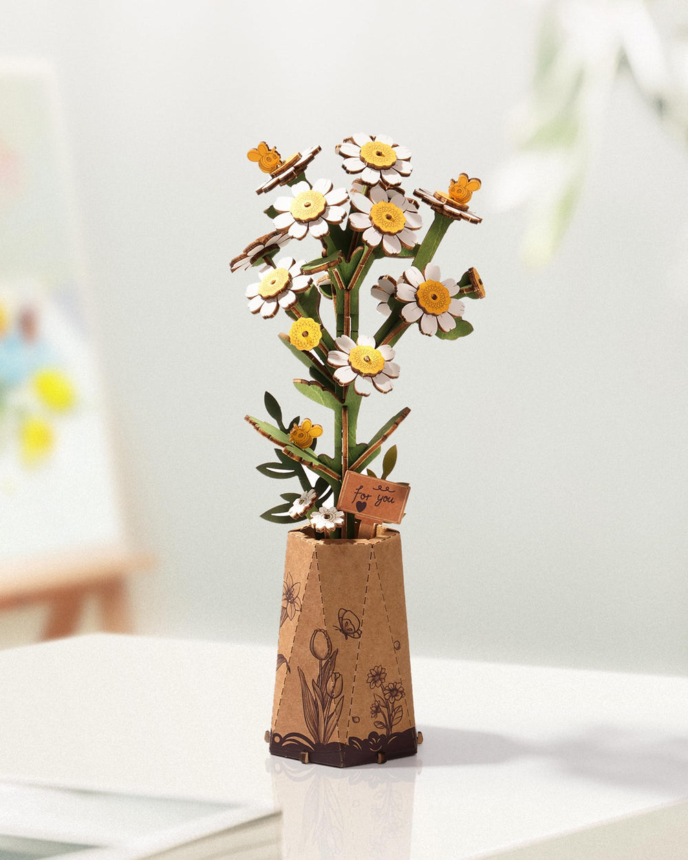 Wowood Chamomile petal detail with natural wood texture for decorative keepsake