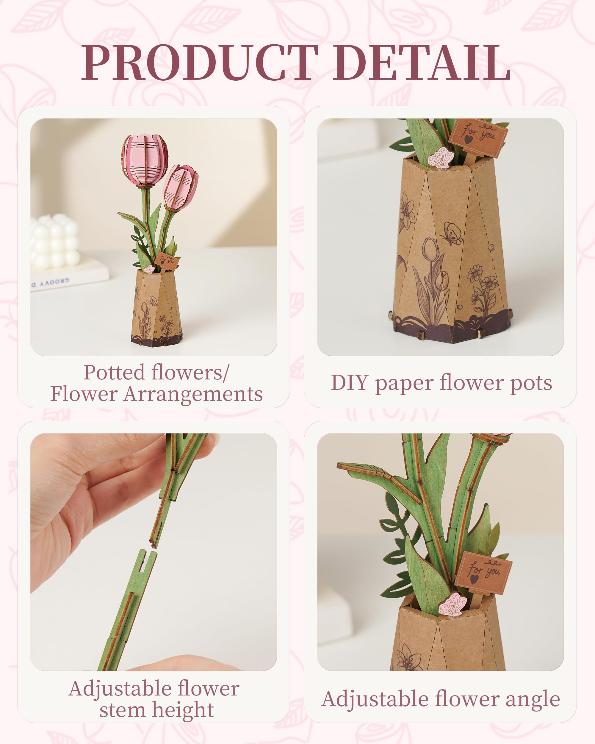 Wowood DIY flower model pink tulip kit—perfect for mindful building