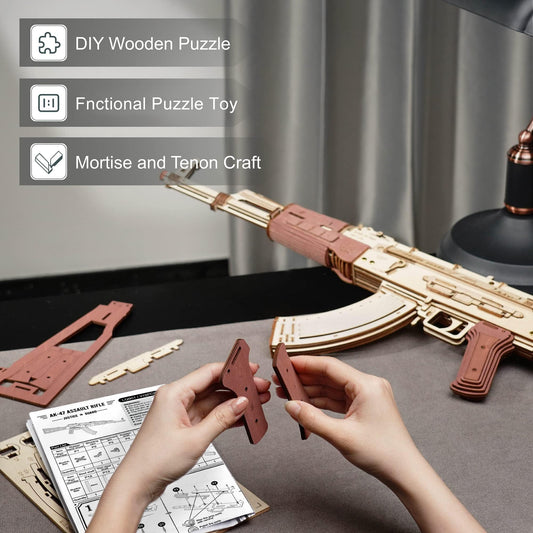 Wowood DIY rubber band gun kit enabling safe building and testing.