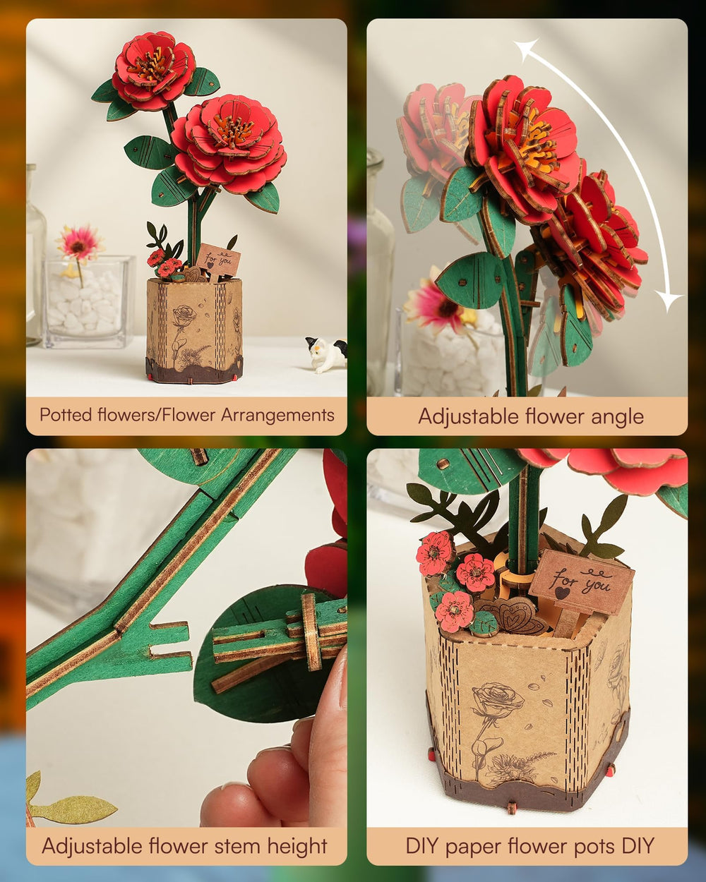 Wowood home office decor idea with natural wooden bloom display