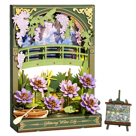 Wowood Monet Water Lily puzzle front view with soft LED glow for ambient decor.