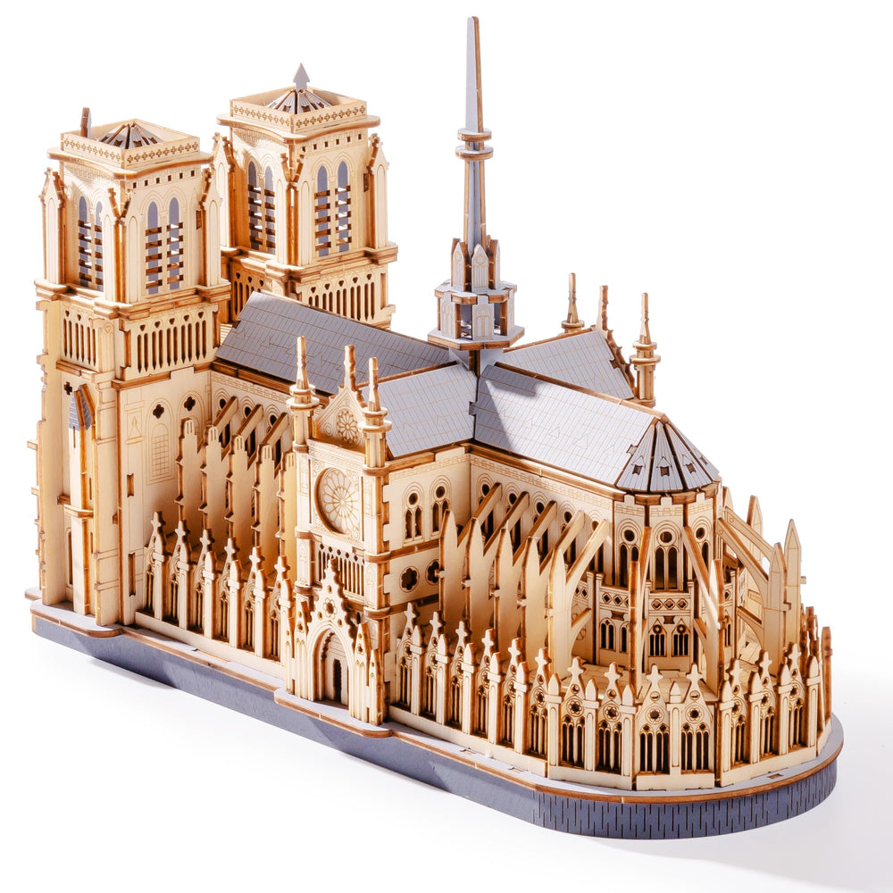 Wowood Notre Dame cathedral assembly shows intricate wooden pieces for stylish home decor.