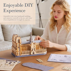 Wowood Notre Dame cathedral model display shows a durable wooden replica for desks.