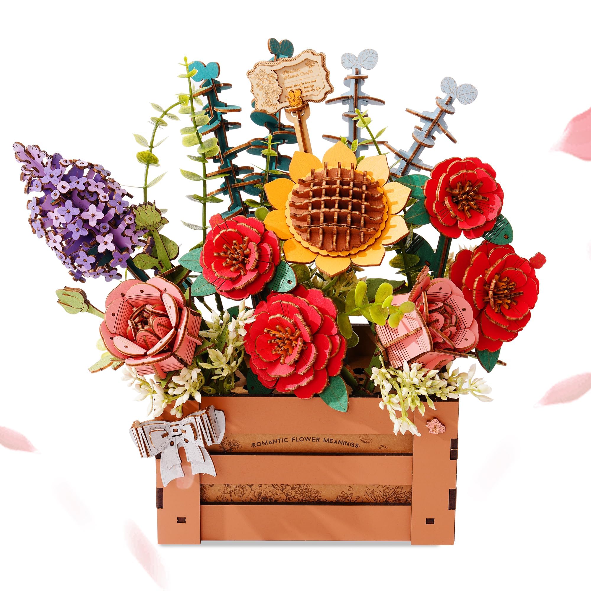 Wowood office decor display of wooden flowers brightens workspace.