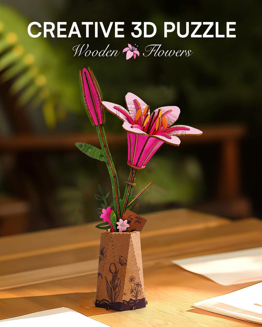 Wowood Pink Lily 3D Puzzle assembly - highlights craftsmanship and interlocking pieces for engagement.