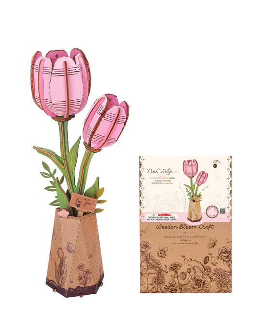 Wowood pink tulip 3D puzzle: durable wooden pieces create a blooming bouquet