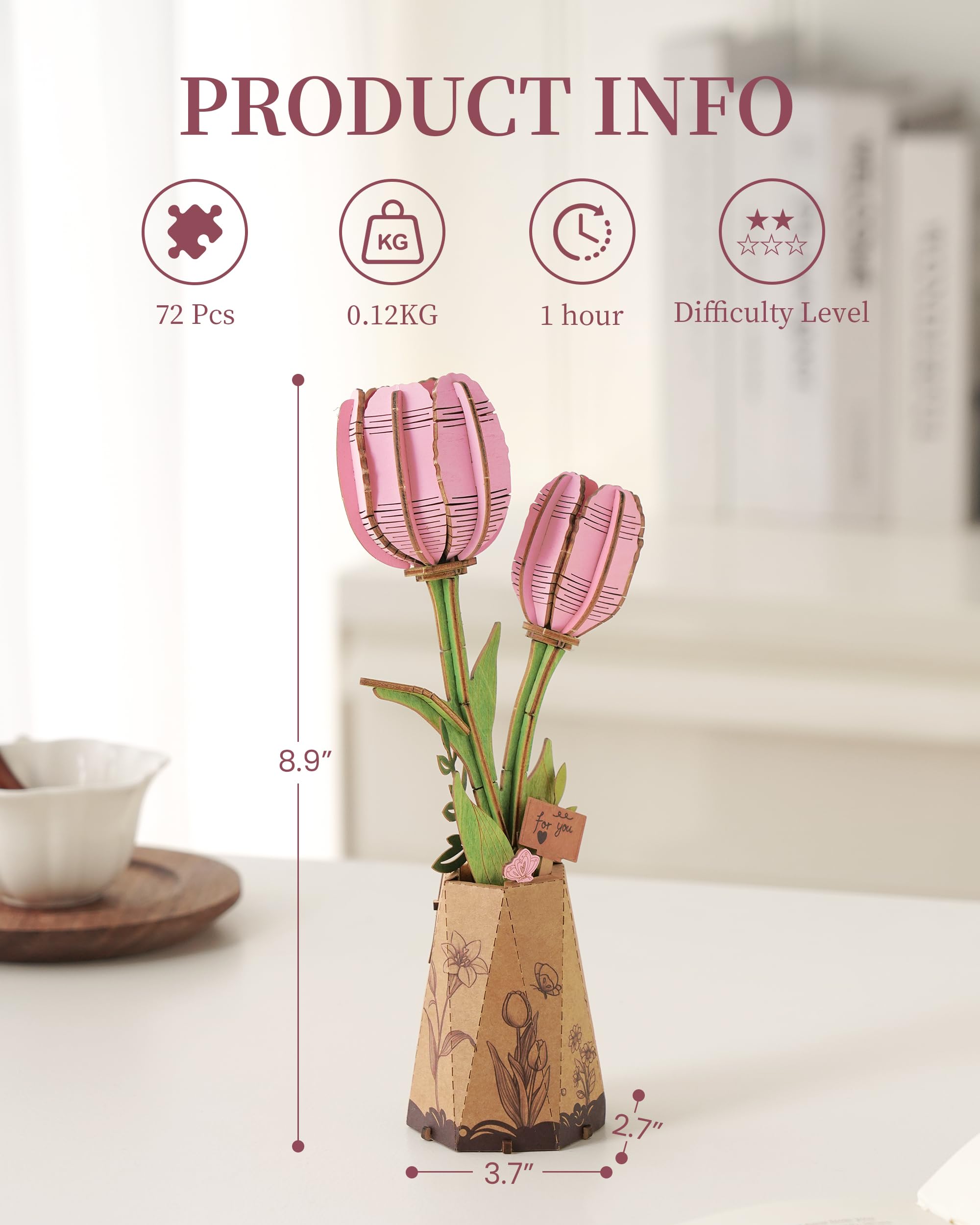 Wowood pink tulip 3D flower kit adds elegant decor to any space