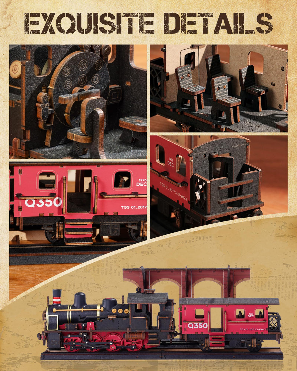 Wowood Premium wood Steam Train piece emphasizes durable construction for long-lasting display.