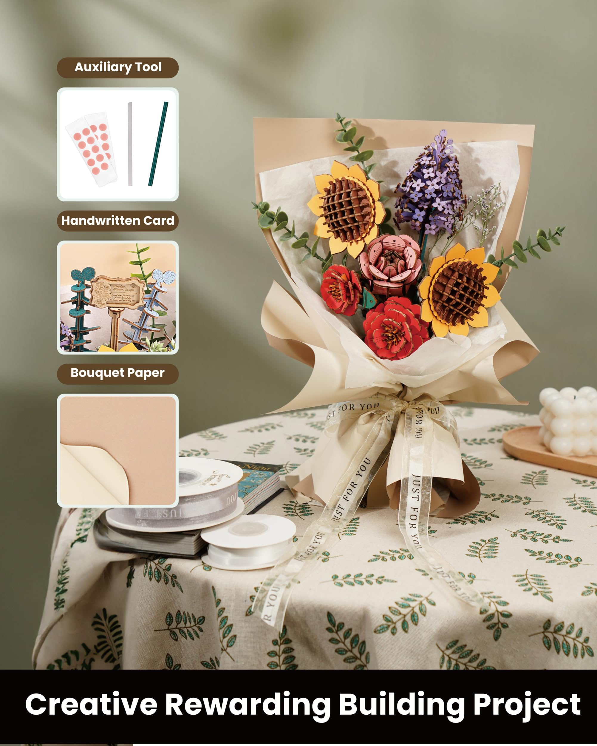 Wowood red camellia 3D puzzle bouquet with elegant petals for gifting decor.