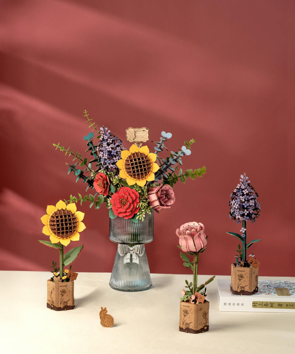 Wowood red camellia 3D puzzle stem detail for accurate assembly.