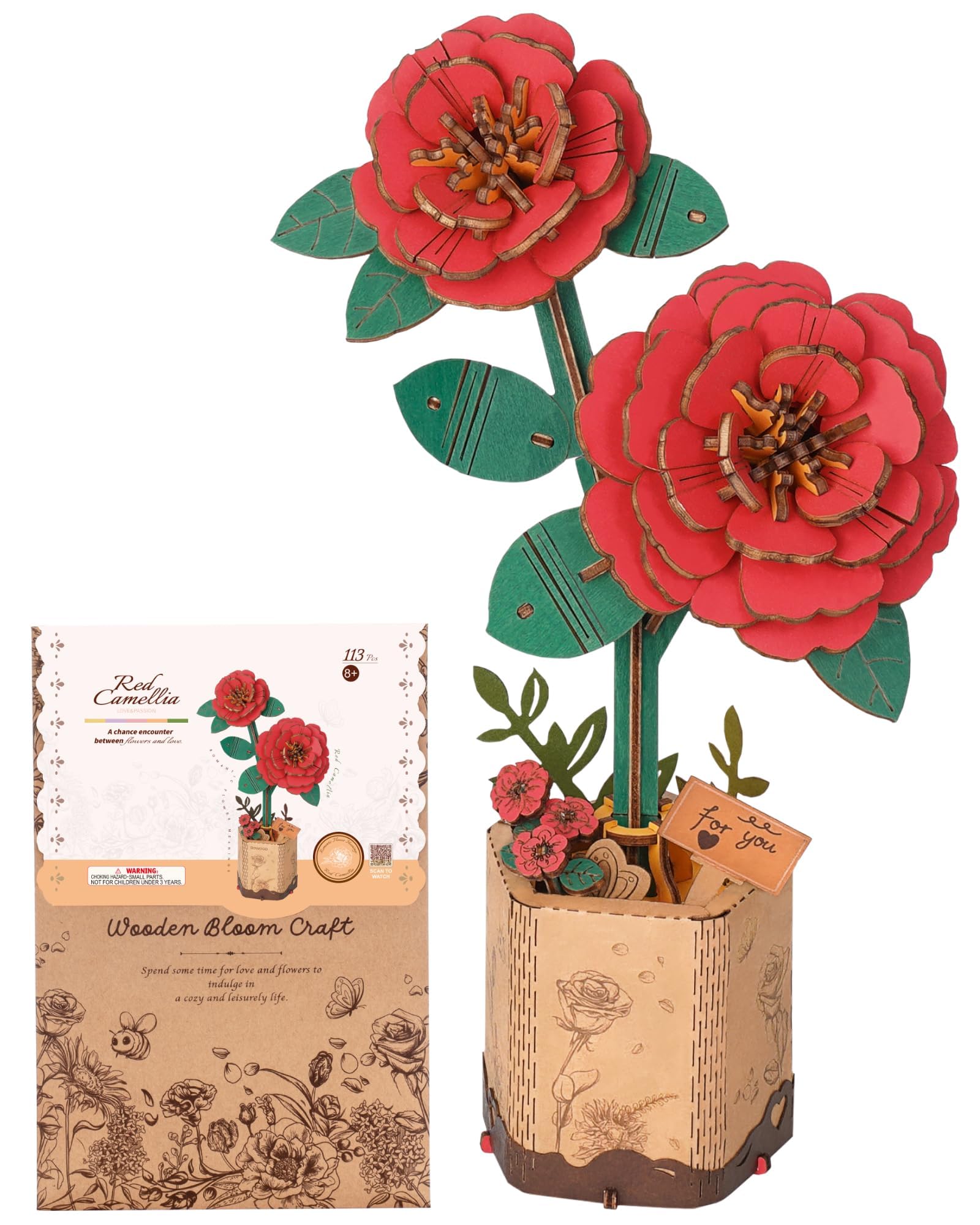 Wowood red camellia puzzle assembly showing vibrant 3D flower construction