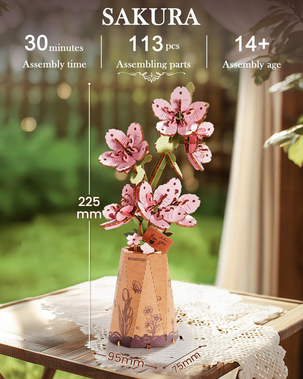 Wowood Sakura wood material with smooth edges ready for long-lasting display.