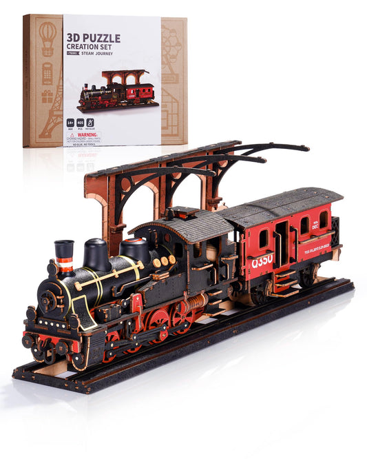 Wowood Steam Train model assembly reveals intricate wooden details for mindful building.