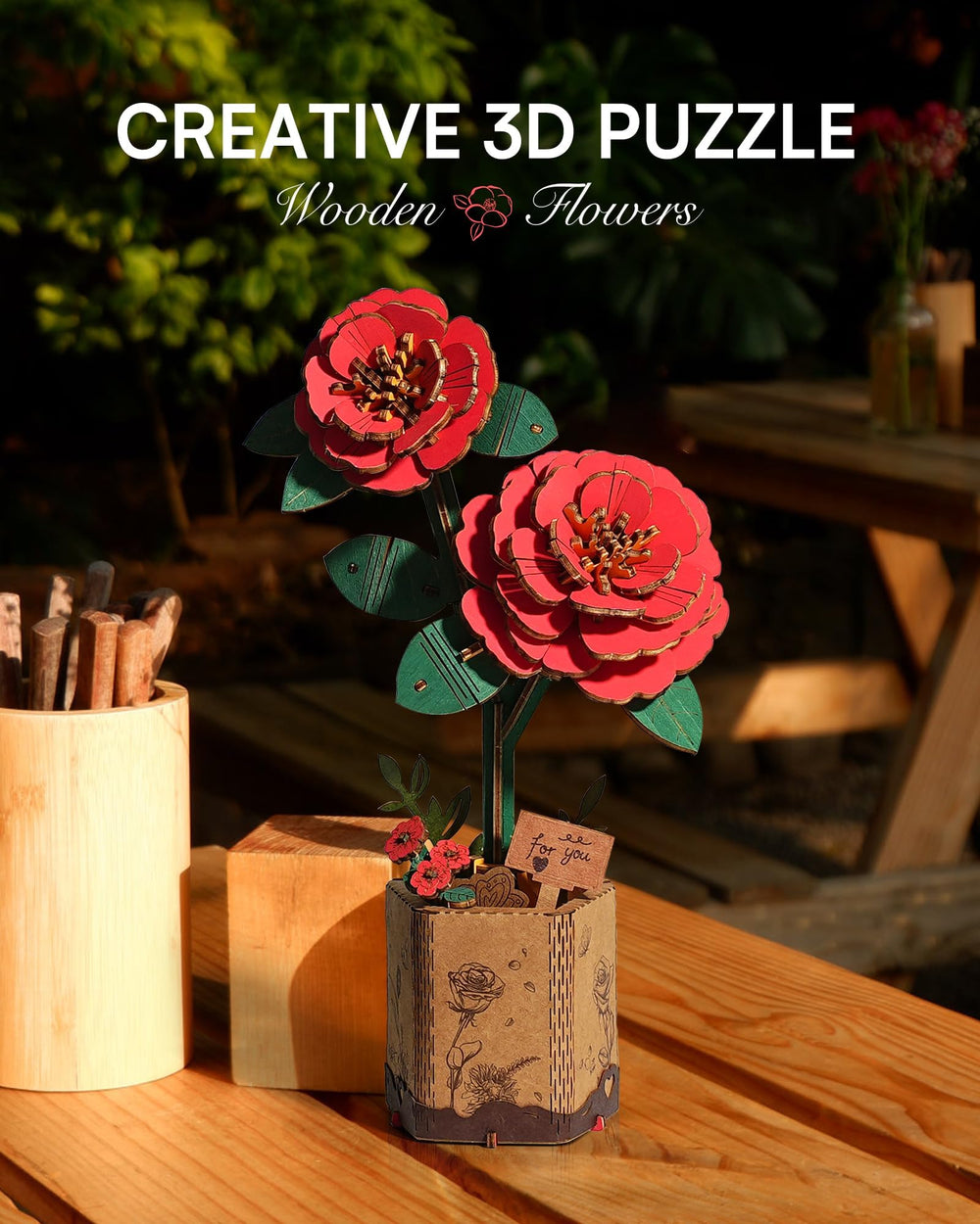 Wowood wooden flower camellia display as decorative centerpiece