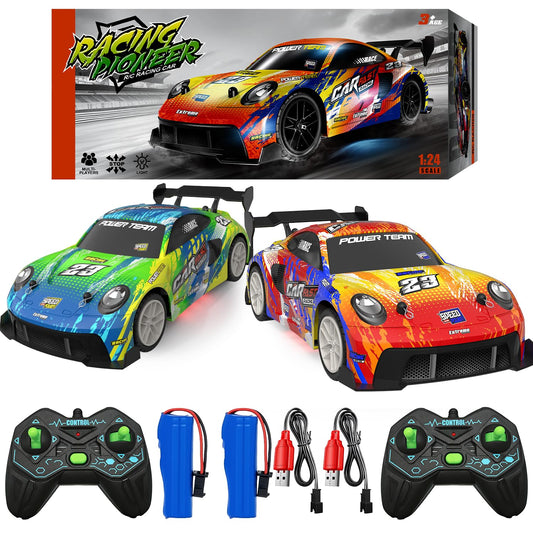 WRTWRT RC car with colorful graffiti design, front view for two-player racing