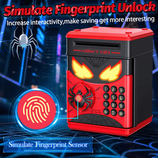 Wrystte Spider Piggy Bank door open showing automatic safe access for saving.