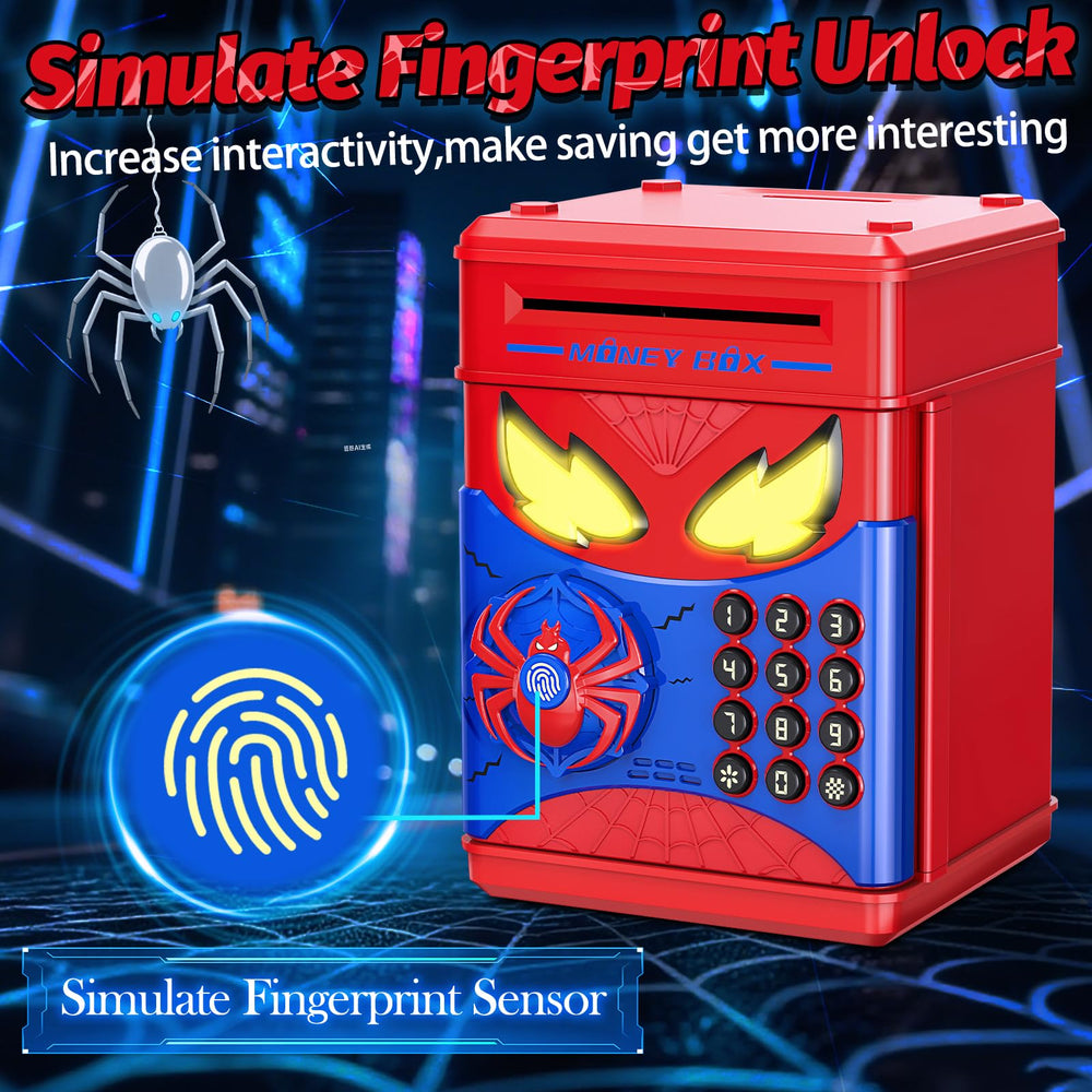 Wrystte Spider Piggy Bank eye lighting highlights deposits and password feedback.
